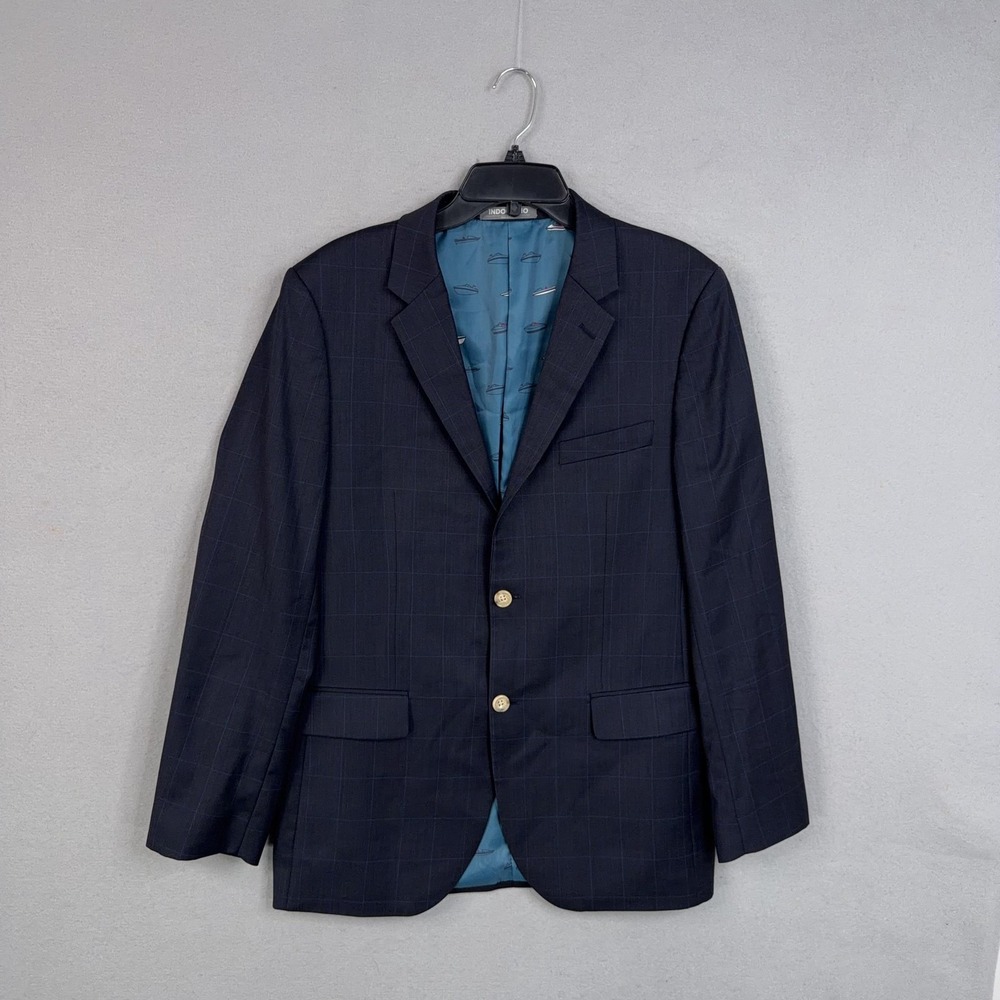 Indochino Blazer Mens 40 Blue Check Wool Gold Button Sport Coat Nautical